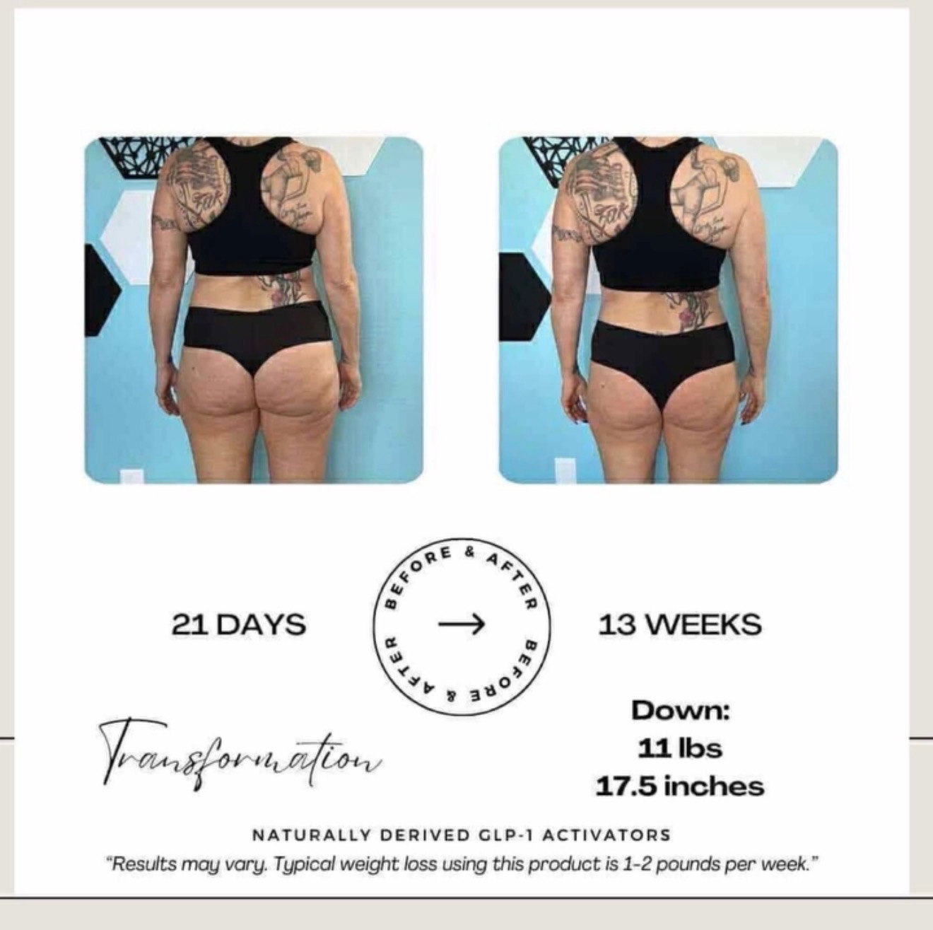 Back view transformation from 21 days to 13 weeks, down 11 pounds and 17.5 inches