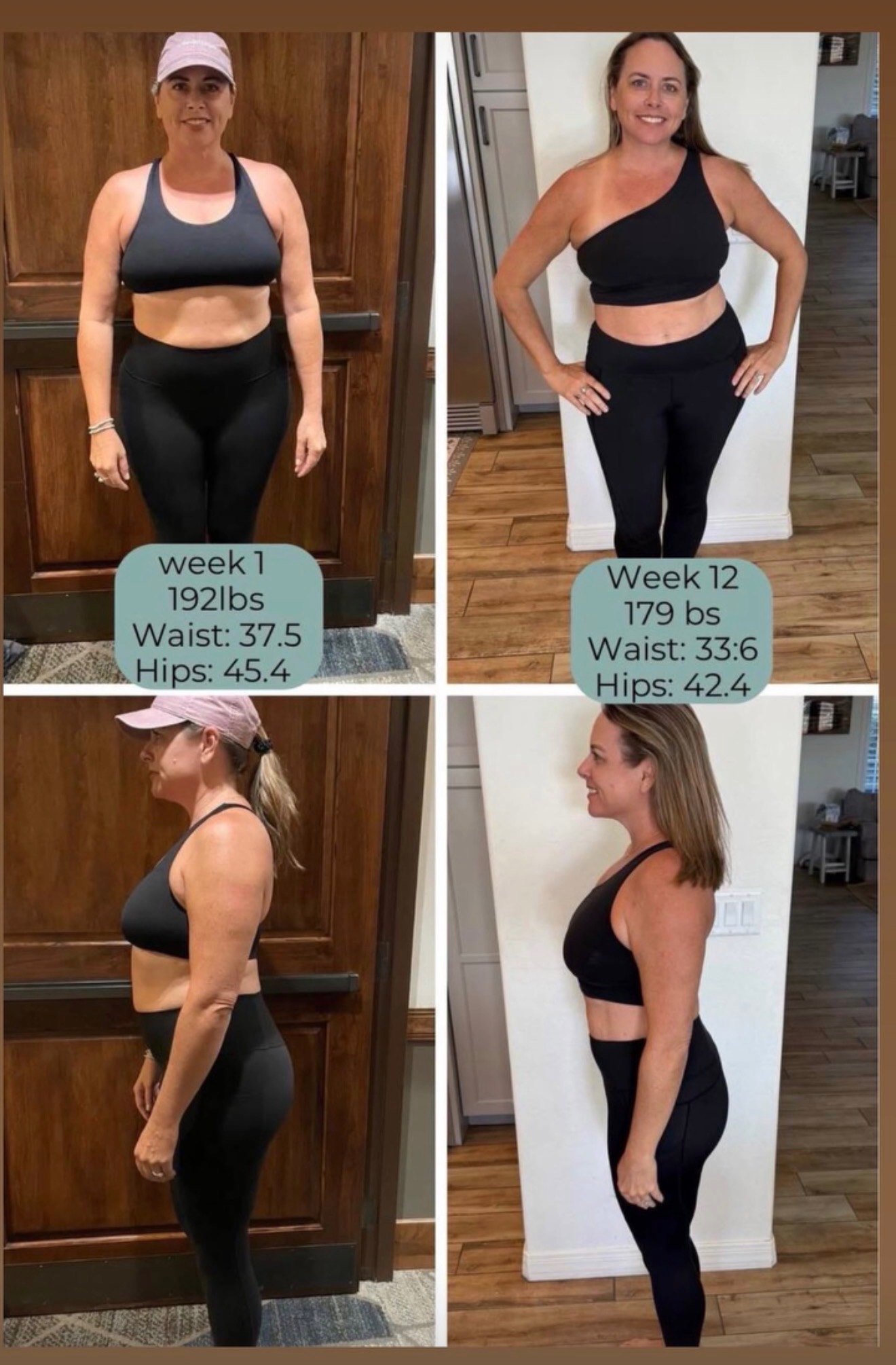 Front and side transformation from week 1 to week 12, down 13 pounds